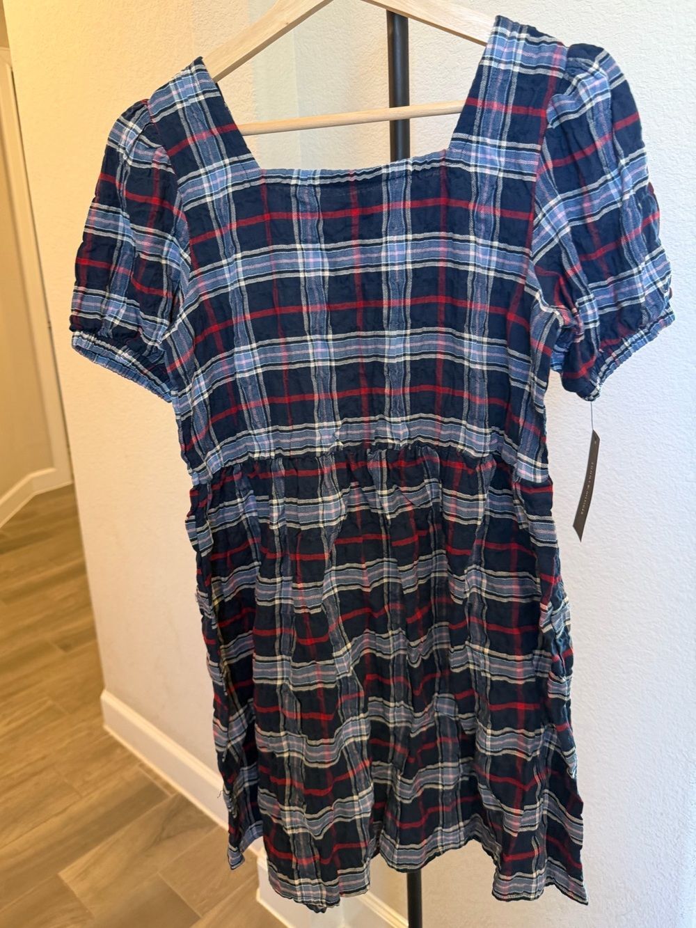 NWT Tommy Hilfiger Girls Navy Plaid Square Neck Puff Sleeve Tiered Dress 12/14